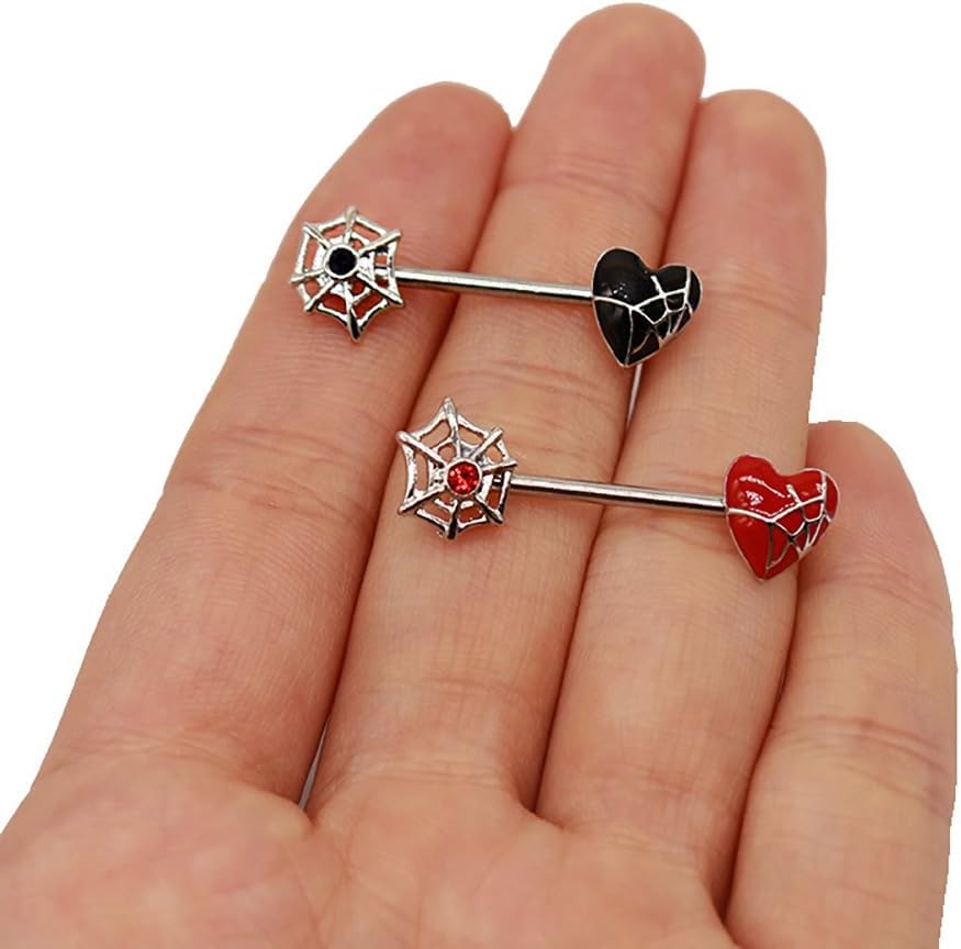 14G Spider Web Heart Asymmetrical Nipple Rings for Women Stainless Steel Acrylic Nipple Barbell Studs Rings Nipple Piercing Jewelry - QIAO CrystalQIAO CrystalQIAO Crystal