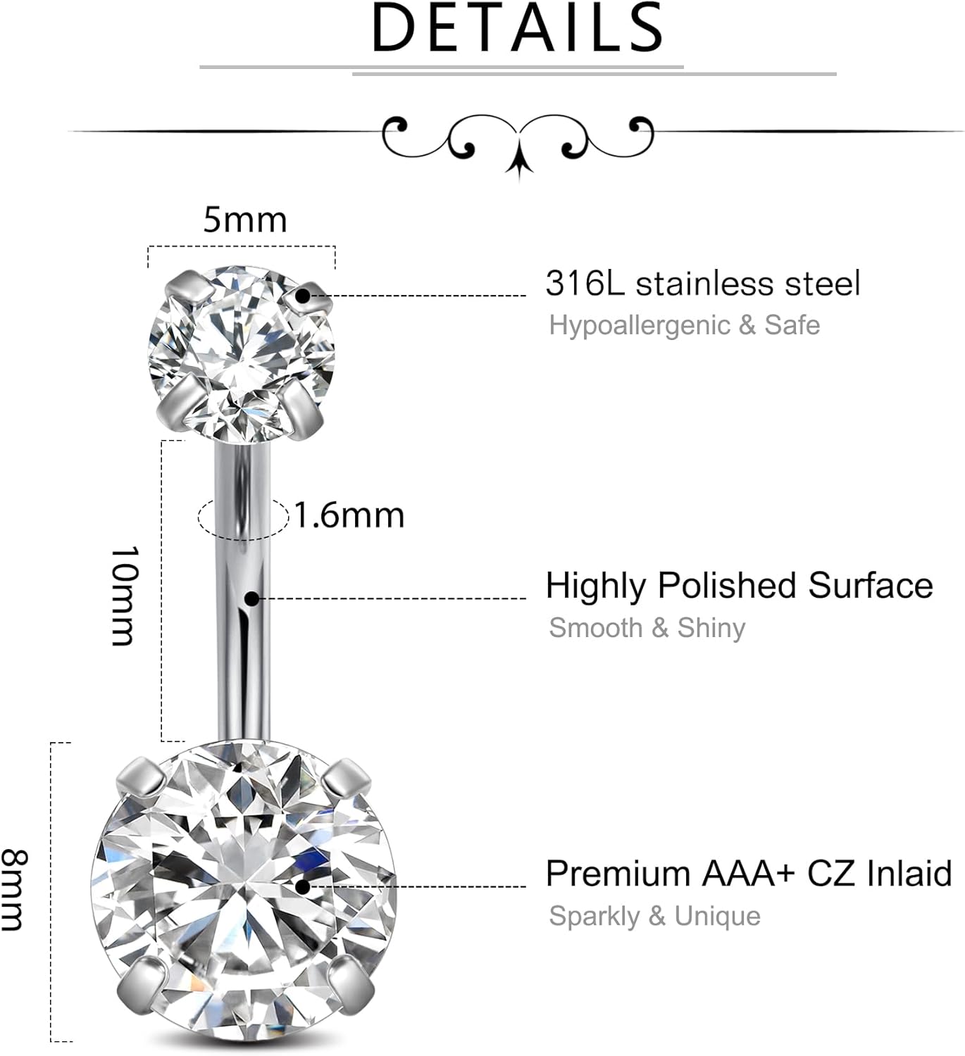14G Stainless Steel Belly Button Rings 10mm 3/8" Barbell Belly Navel Rings Piercing for Women - 我的商店我的商店我的商店