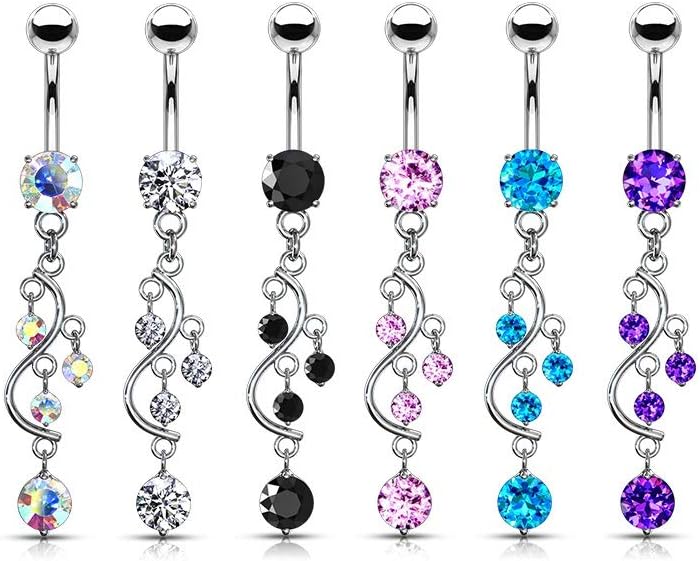 14G Stainless Steel Cascading CZ Crystal Vine Dangling Belly Button Ring - 我的商店我的商店我的商店
