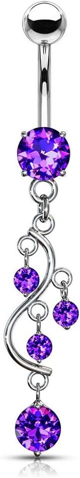 14G Stainless Steel Cascading CZ Crystal Vine Dangling Belly Button Ring - 我的商店我的商店我的商店