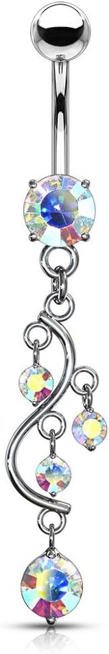 14G Stainless Steel Cascading CZ Crystal Vine Dangling Belly Button Ring - 我的商店我的商店我的商店