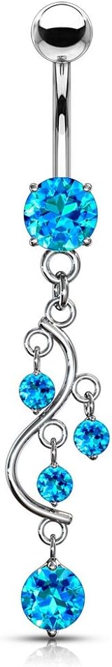 14G Stainless Steel Cascading CZ Crystal Vine Dangling Belly Button Ring - 我的商店我的商店我的商店
