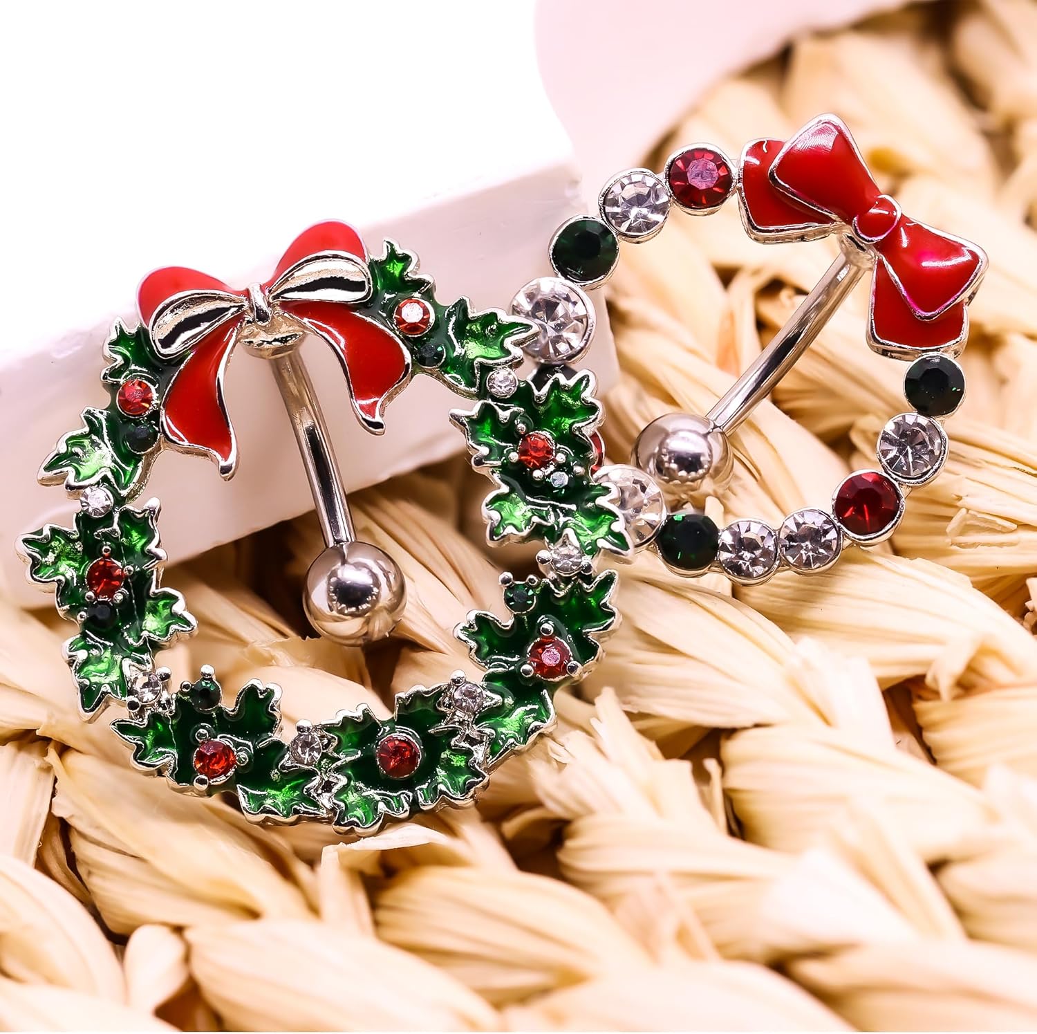 14G Stainless Steel Christmas Wreath Belly Button Rings Christmas CZ Belly Button Barbell Rings Body Piercing Jewelry for Women - 我的商店我的商店我的商店