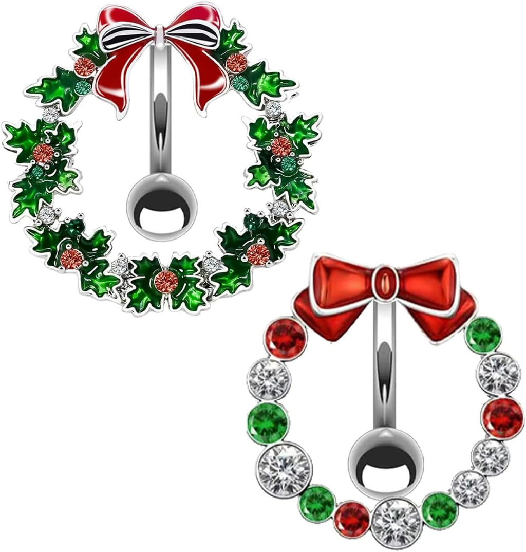 14G Stainless Steel Christmas Wreath Belly Button Rings Christmas CZ Belly Button Barbell Rings Body Piercing Jewelry for Women - 我的商店我的商店我的商店