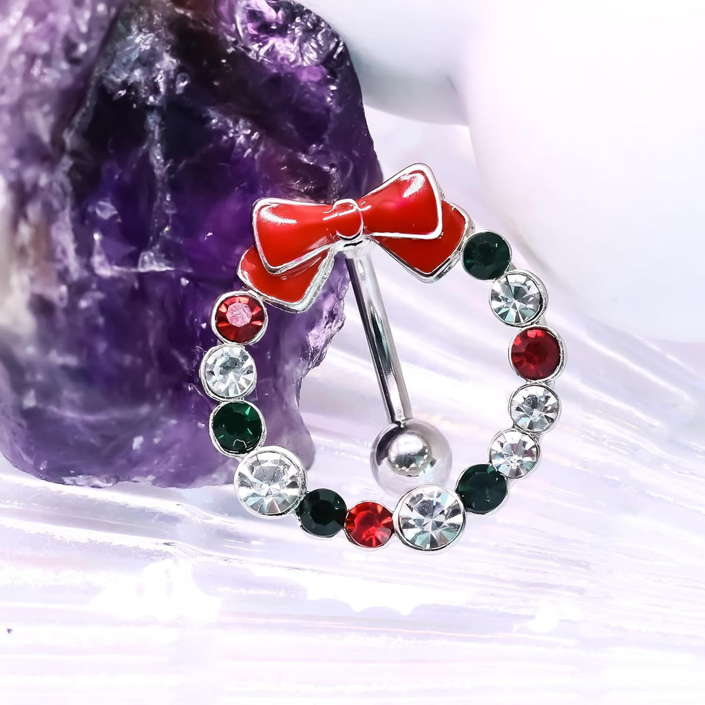 14G Stainless Steel Christmas Wreath Belly Button Rings Christmas CZ Belly Button Barbell Rings Body Piercing Jewelry for Women - 我的商店我的商店我的商店