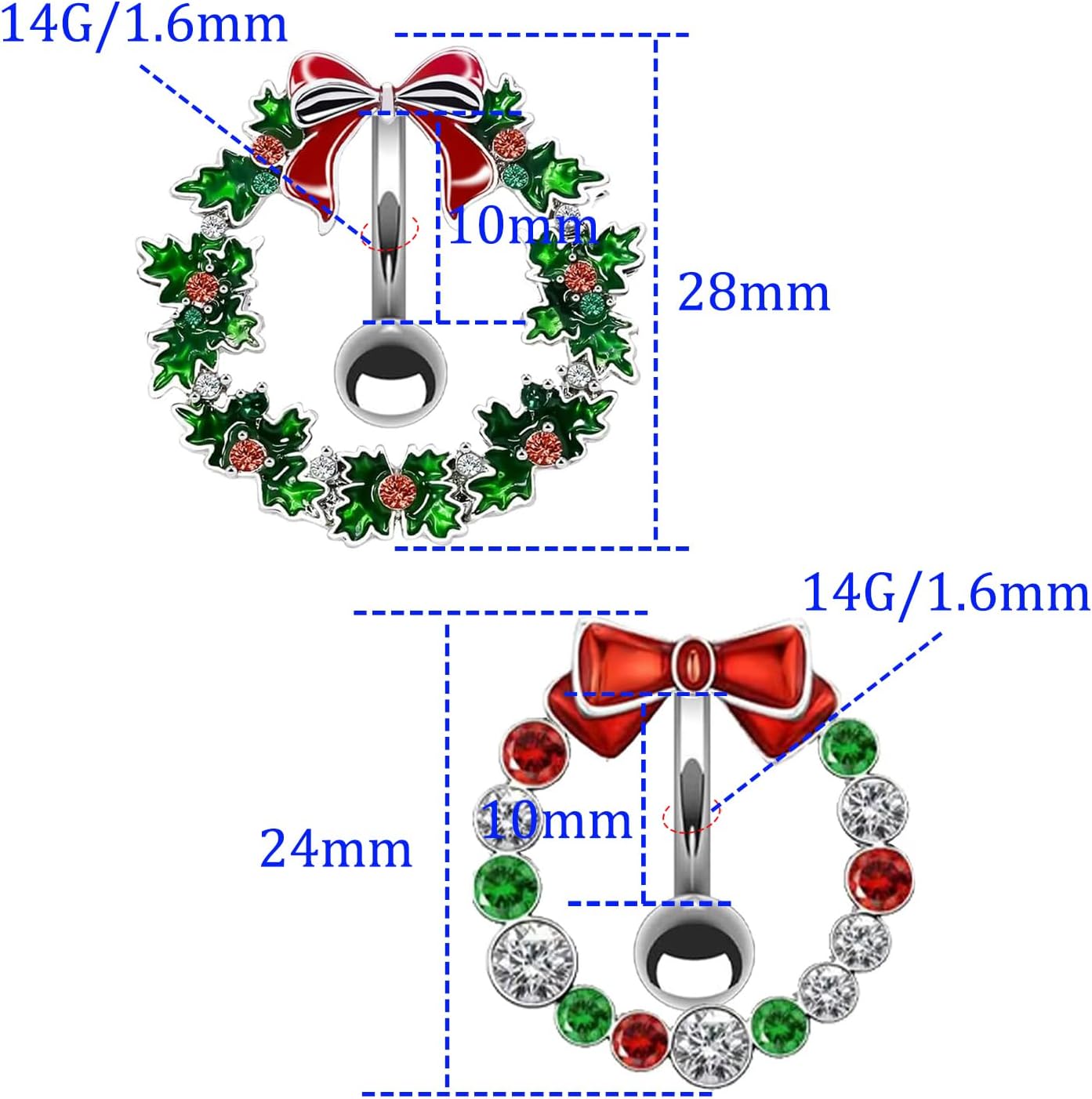 14G Stainless Steel Christmas Wreath Belly Button Rings Christmas CZ Belly Button Barbell Rings Body Piercing Jewelry for Women - 我的商店我的商店我的商店