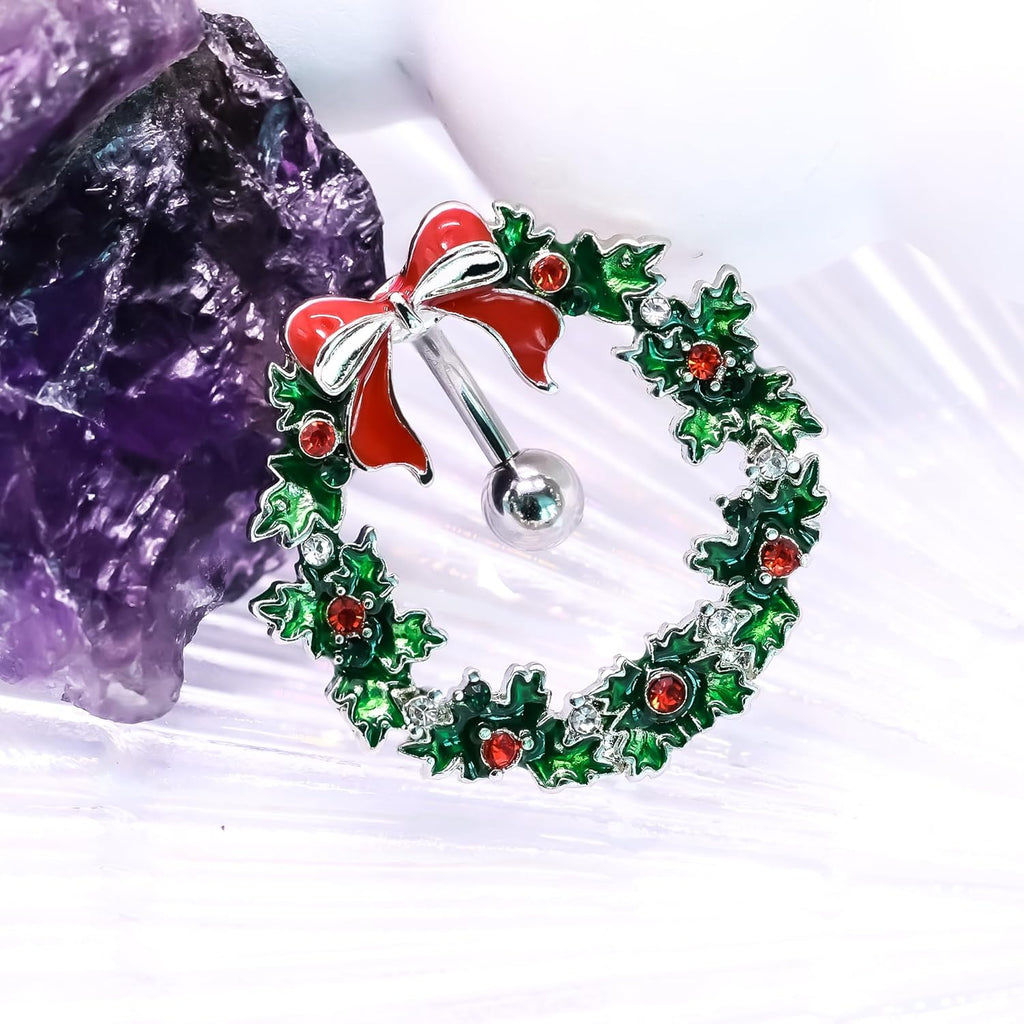 14G Stainless Steel Christmas Wreath Belly Button Rings Christmas CZ Belly Button Barbell Rings Body Piercing Jewelry for Women - 我的商店我的商店我的商店