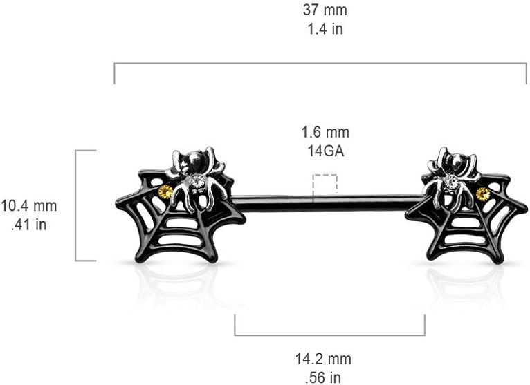 14G Stainless Steel CZ Crystal Black Spider Web Nipple Barbells, Sold as a Pair - QIAO CrystalQIAO CrystalQIAO Crystal