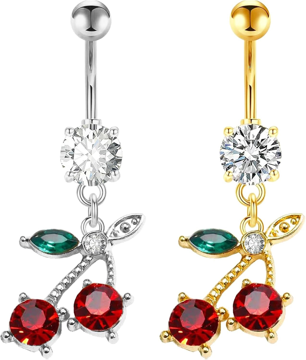 14G Stainless Steel CZ Crystal Dangling Cherry Belly Button Ring for Women - 我的商店我的商店我的商店