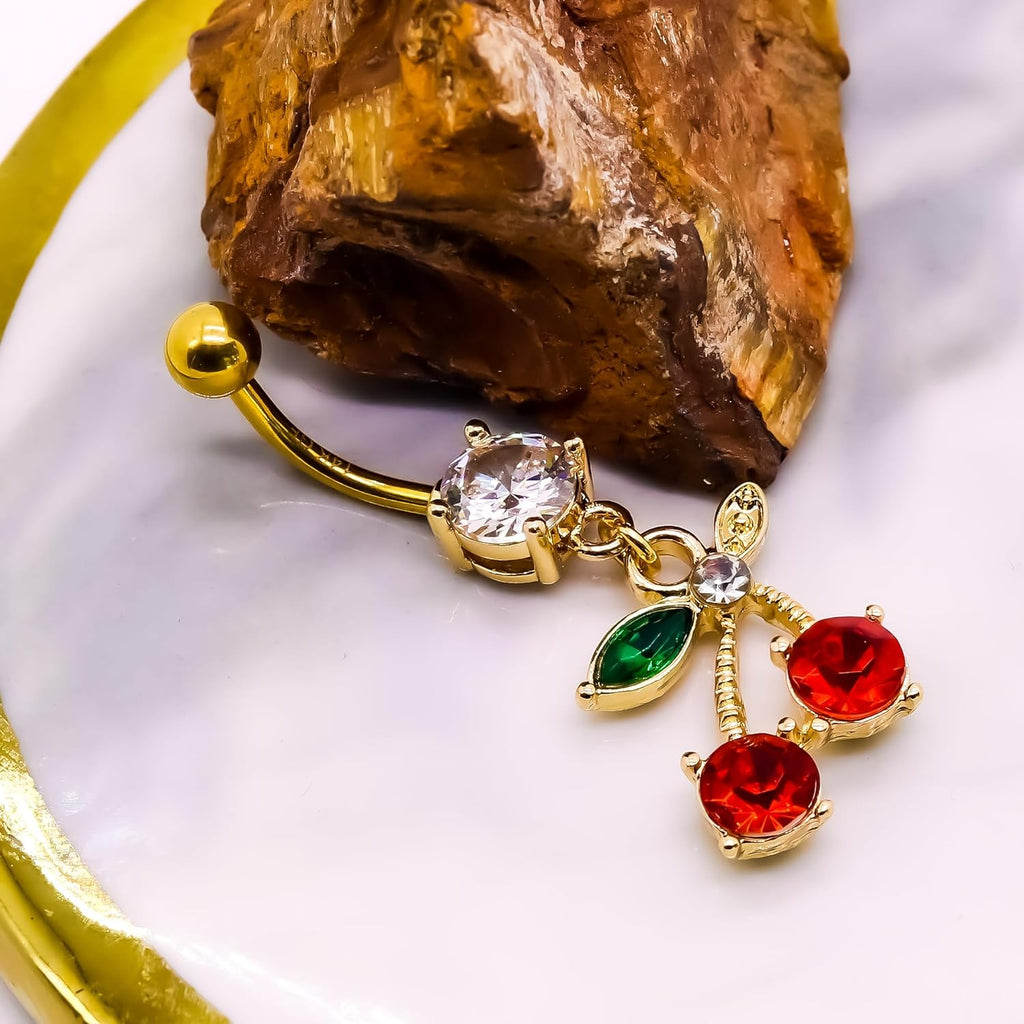 14G Stainless Steel CZ Crystal Dangling Cherry Belly Button Ring for Women - 我的商店我的商店我的商店