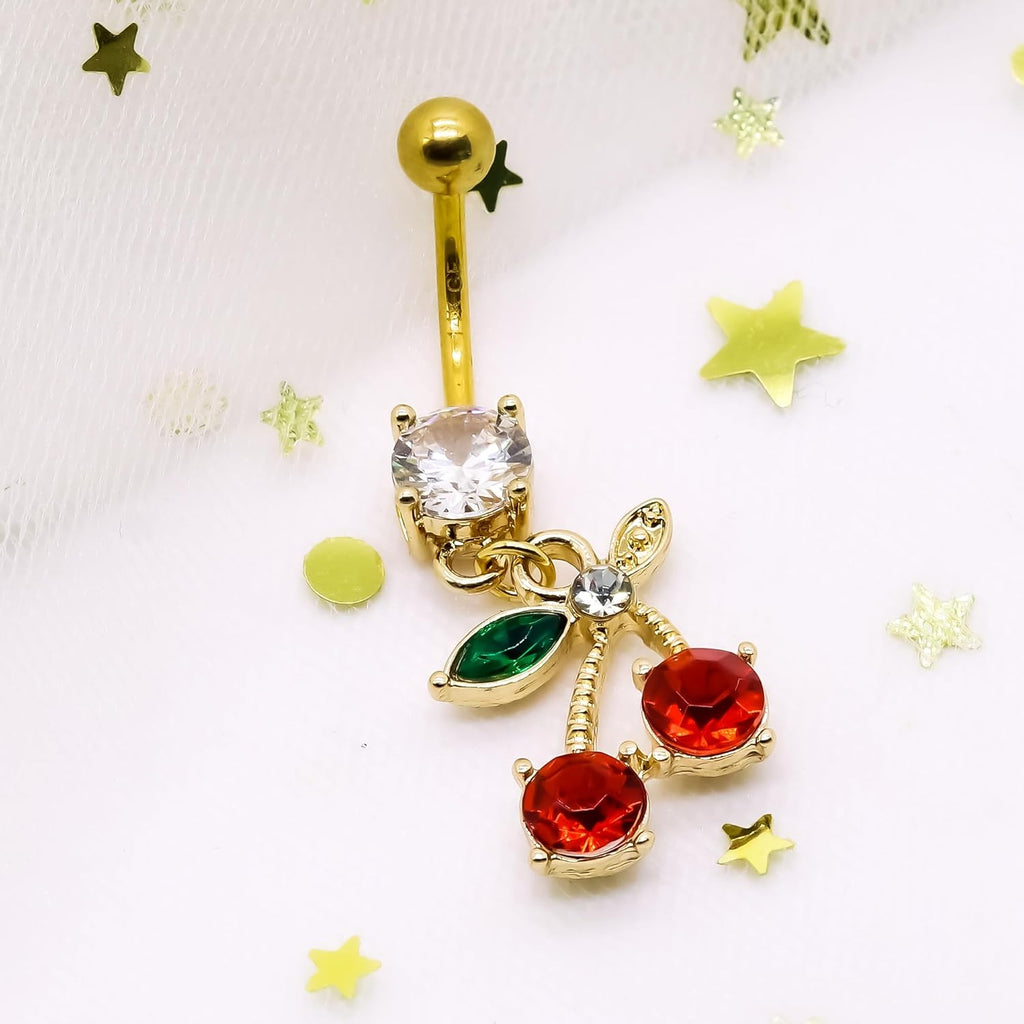 14G Stainless Steel CZ Crystal Dangling Cherry Belly Button Ring for Women - 我的商店我的商店我的商店