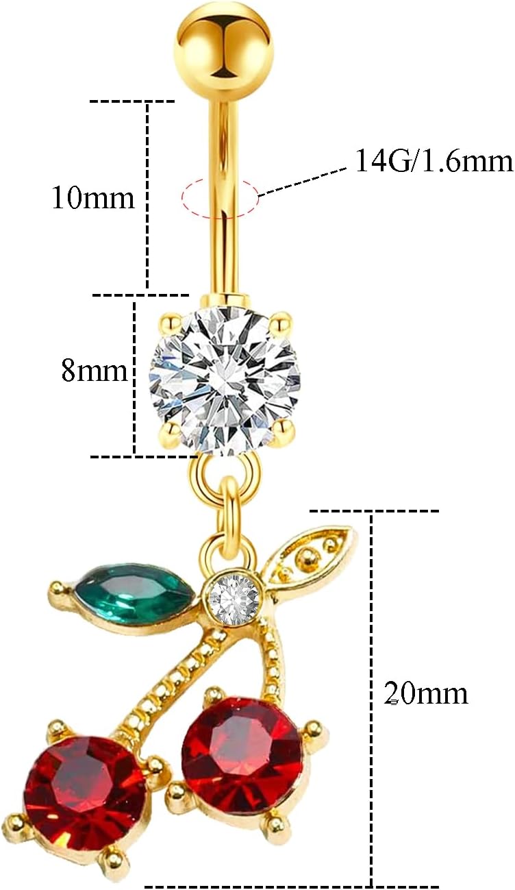 14G Stainless Steel CZ Crystal Dangling Cherry Belly Button Ring for Women - 我的商店我的商店我的商店