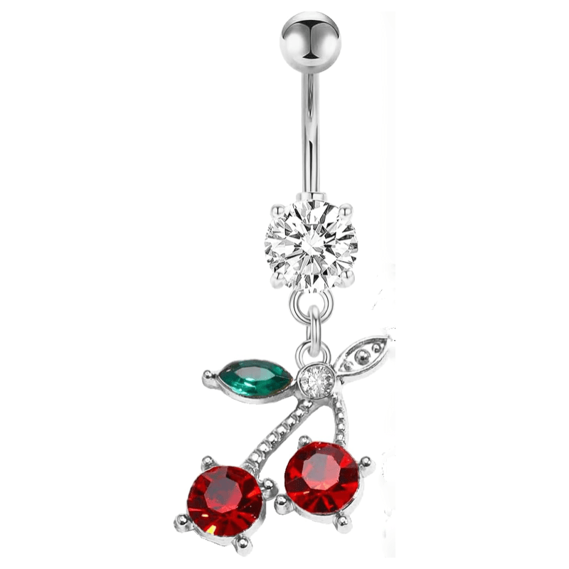14G Stainless Steel CZ Crystal Dangling Cherry Belly Button Ring for Women - 我的商店我的商店我的商店