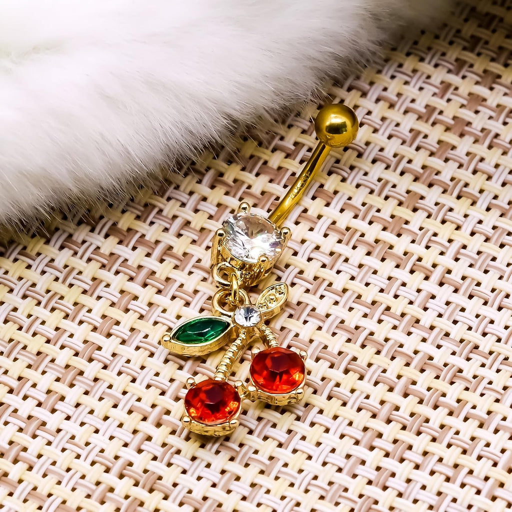14G Stainless Steel CZ Crystal Dangling Cherry Belly Button Ring for Women - 我的商店我的商店我的商店
