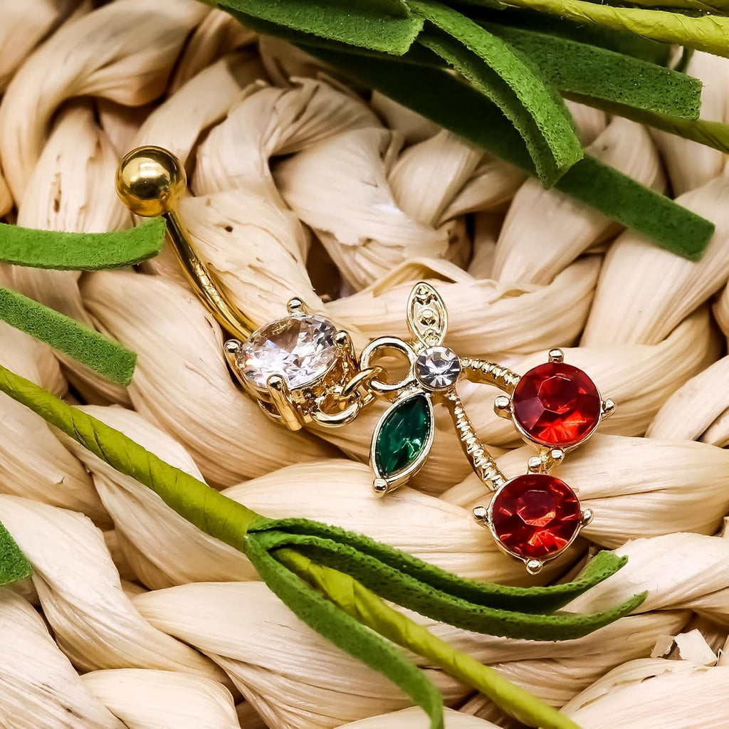 14G Stainless Steel CZ Crystal Dangling Cherry Belly Button Ring for Women - 我的商店我的商店我的商店