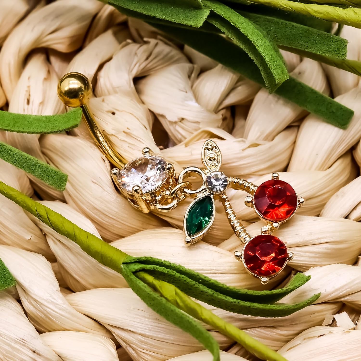 14G Stainless Steel CZ Crystal Dangling Cherry Belly Button Ring for Women - 我的商店我的商店我的商店