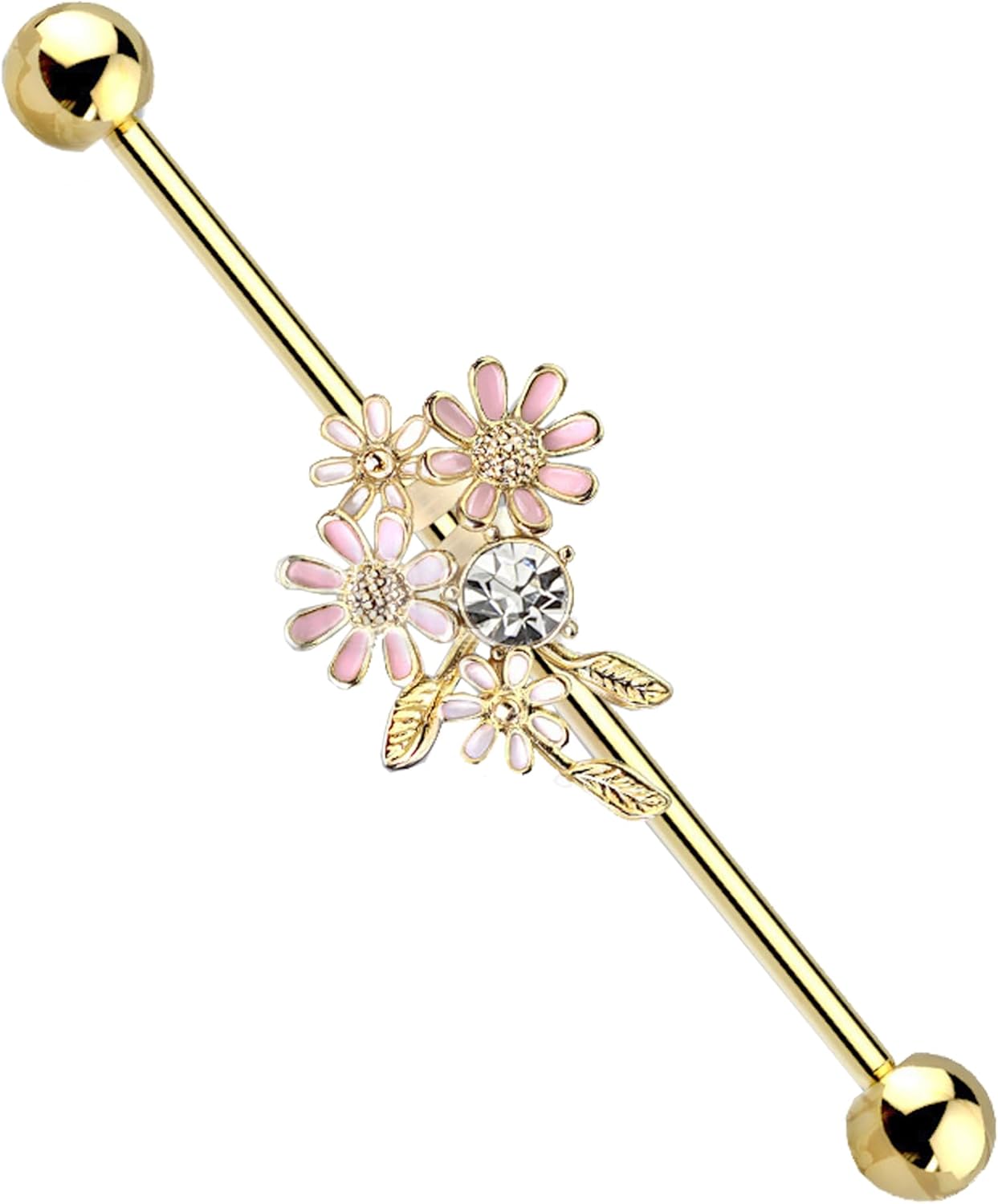 14G Stainless Steel Flower Industrial Barbell Cartilage Earrings 316L Industrial Piercing Bar - QIAO CrystalQIAO CrystalQIAO Crystal