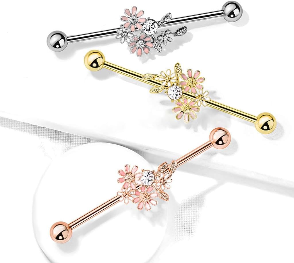 14G Stainless Steel Flower Industrial Barbell Cartilage Earrings 316L Industrial Piercing Bar - QIAO CrystalQIAO CrystalQIAO Crystal