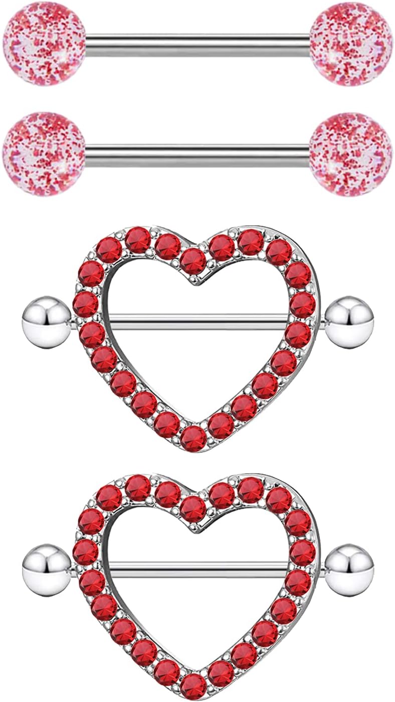 14G Stainless Steel Heart Nipple Rings and Barbell - Butterfly, Starlight Acrylic Ball, Tongue Rings for Women and Men - QIAO CrystalQIAO CrystalQIAO Crystal