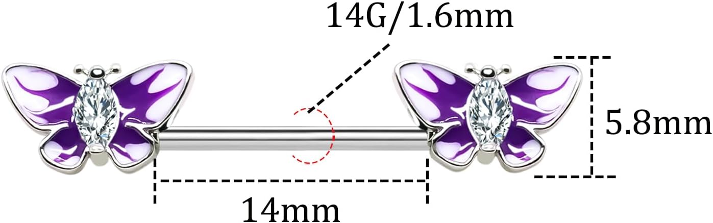 14G Stainless Steel Heart Nipple Rings and Barbell - Butterfly, Starlight Acrylic Ball, Tongue Rings for Women and Men - QIAO CrystalQIAO CrystalQIAO Crystal