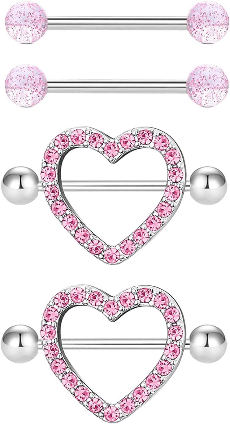 14G Stainless Steel Heart Nipple Rings and Barbell - Butterfly, Starlight Acrylic Ball, Tongue Rings for Women and Men - QIAO CrystalQIAO CrystalQIAO Crystal