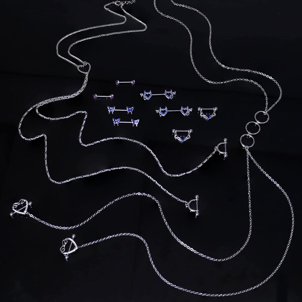 14G Stainless Steel Nipple Rings for Women CZ Butterfly Heart Nipple Rings with Choker Necklace Nipple Barbell Body Piercing Jewelry - QIAO CrystalQIAO CrystalQIAO Crystal