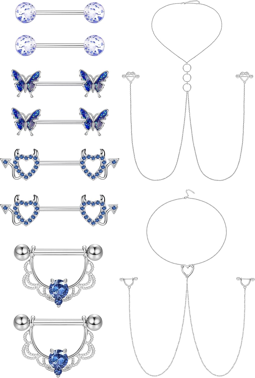14G Stainless Steel Nipple Rings for Women CZ Butterfly Heart Nipple Rings with Choker Necklace Nipple Barbell Body Piercing Jewelry - QIAO CrystalQIAO CrystalQIAO Crystal
