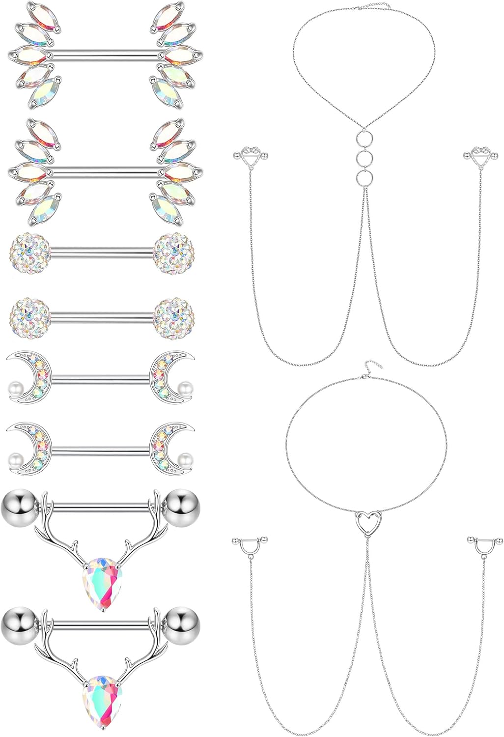 14G Stainless Steel Nipple Rings for Women CZ Butterfly Heart Nipple Rings with Choker Necklace Nipple Barbell Body Piercing Jewelry - QIAO CrystalQIAO CrystalQIAO Crystal