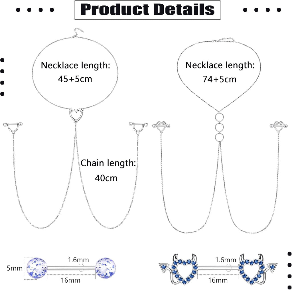 14G Stainless Steel Nipple Rings for Women CZ Butterfly Heart Nipple Rings with Choker Necklace Nipple Barbell Body Piercing Jewelry - QIAO CrystalQIAO CrystalQIAO Crystal