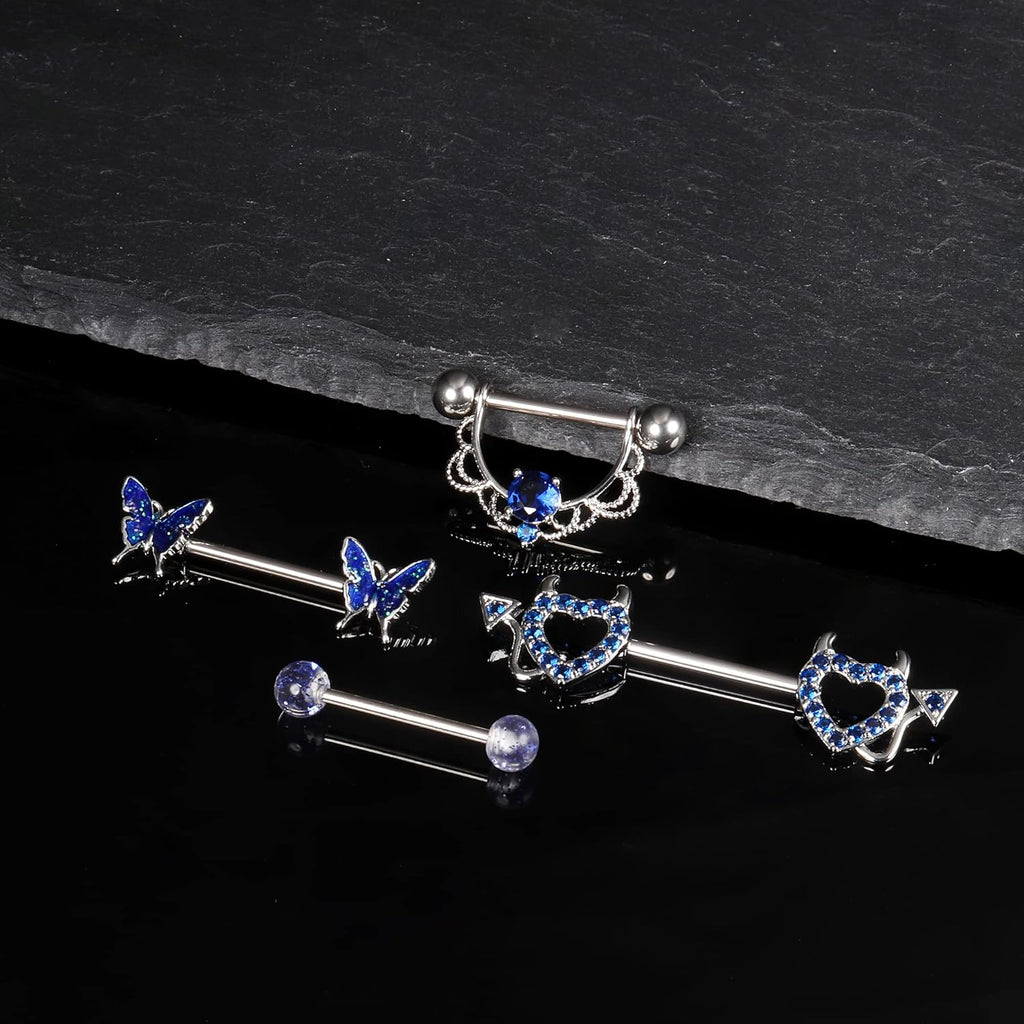 14G Stainless Steel Nipple Rings for Women CZ Butterfly Heart Nipple Rings with Choker Necklace Nipple Barbell Body Piercing Jewelry - QIAO CrystalQIAO CrystalQIAO Crystal