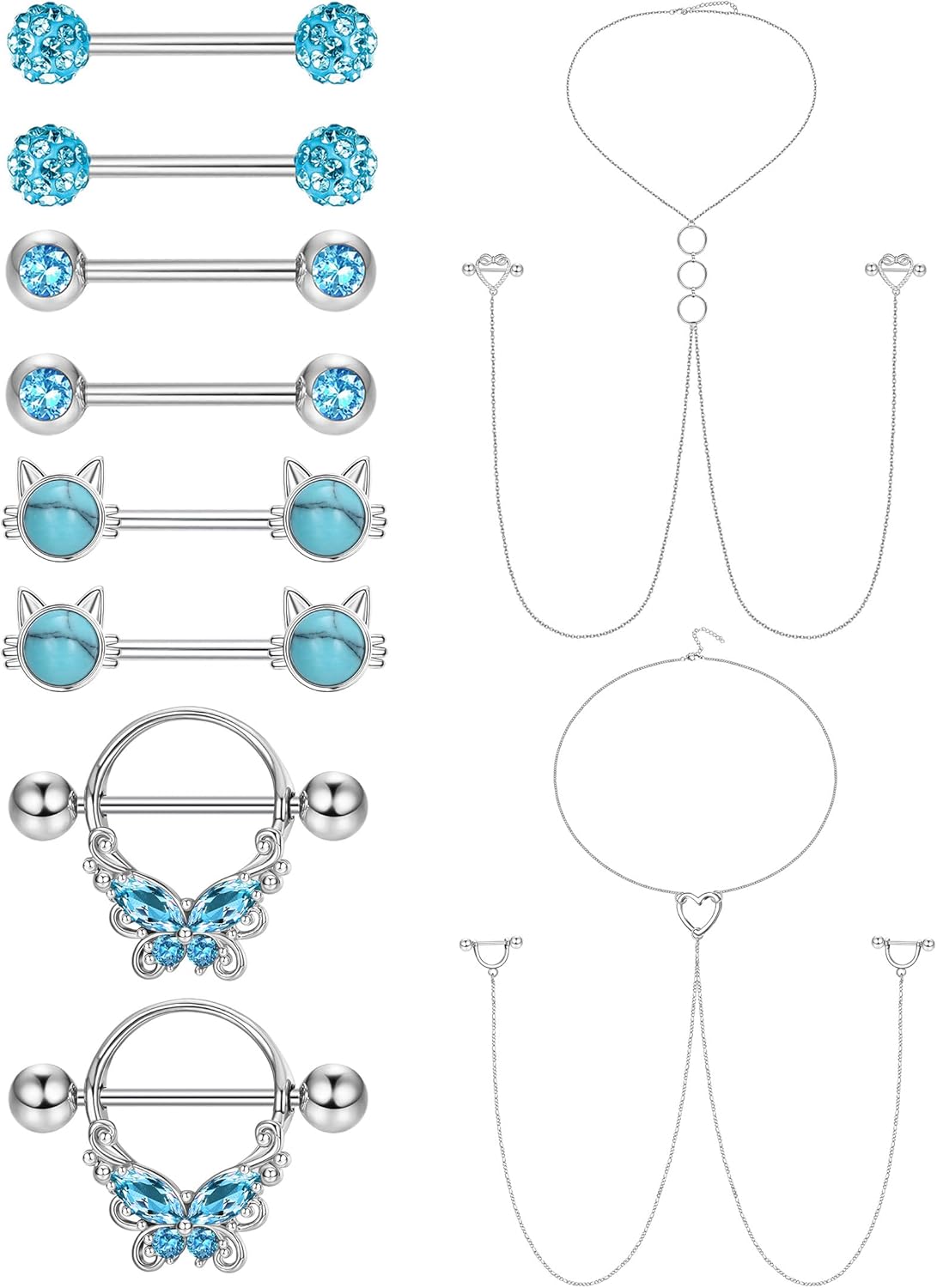 14G Stainless Steel Nipple Rings for Women CZ Butterfly Heart Nipple Rings with Choker Necklace Nipple Barbell Body Piercing Jewelry - QIAO CrystalQIAO CrystalQIAO Crystal