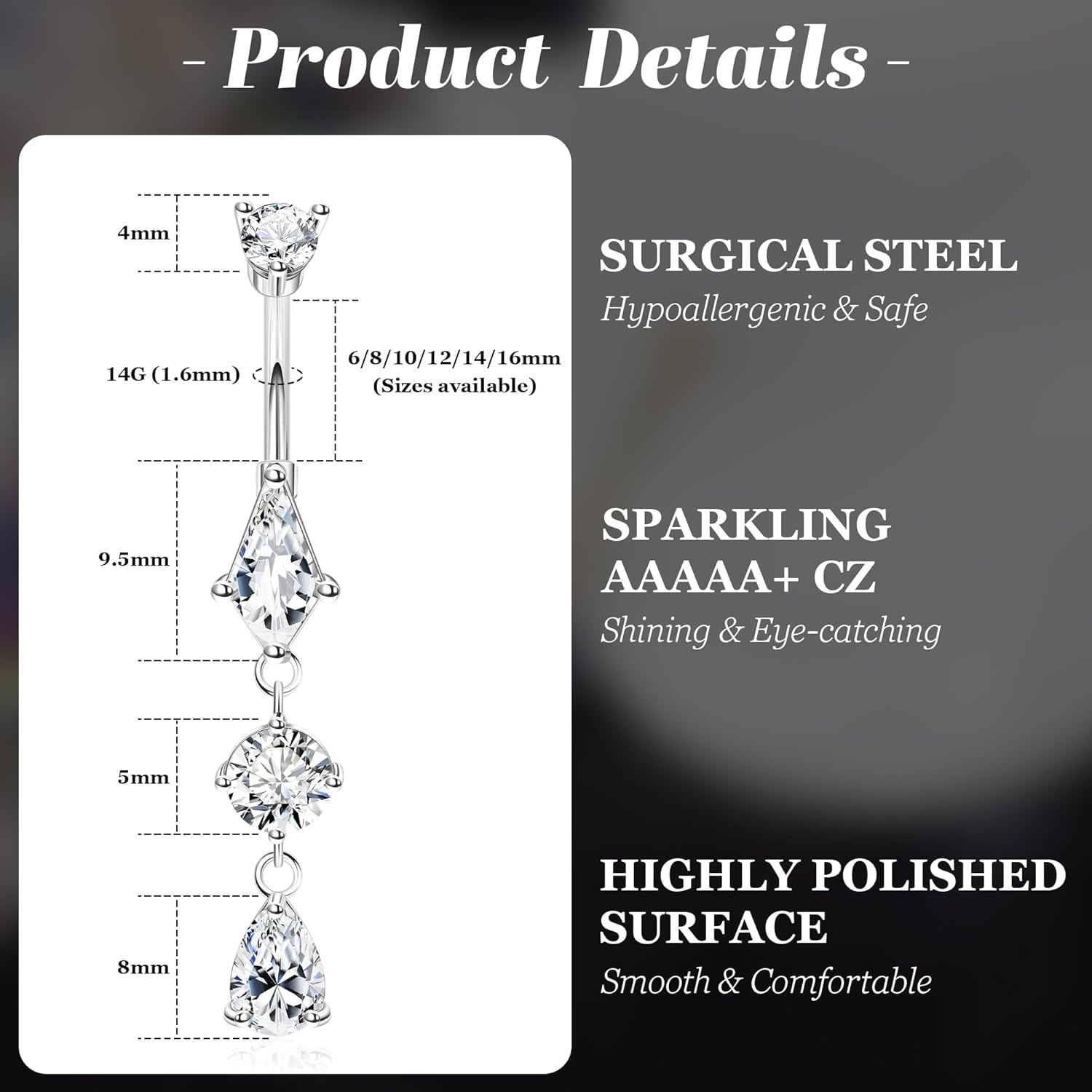 14G Surgical Steel Dangle Belly Button Ring for Women Teardrop Dangling Navel Ring Hypoallergenic Barbell CZ Belly Piercing Jewelry 6 - 16MM - 我的商店我的商店我的商店