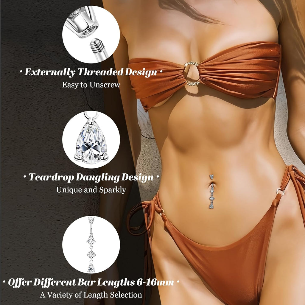 14G Surgical Steel Dangle Belly Button Ring for Women Teardrop Dangling Navel Ring Hypoallergenic Barbell CZ Belly Piercing Jewelry 6 - 16MM - 我的商店我的商店我的商店