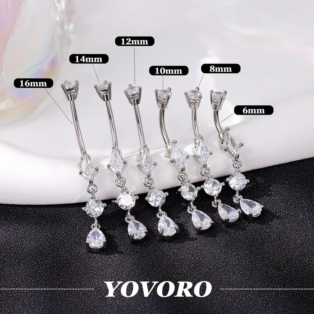 14G Surgical Steel Dangle Belly Button Ring for Women Teardrop Dangling Navel Ring Hypoallergenic Barbell CZ Belly Piercing Jewelry 6 - 16MM - 我的商店我的商店我的商店