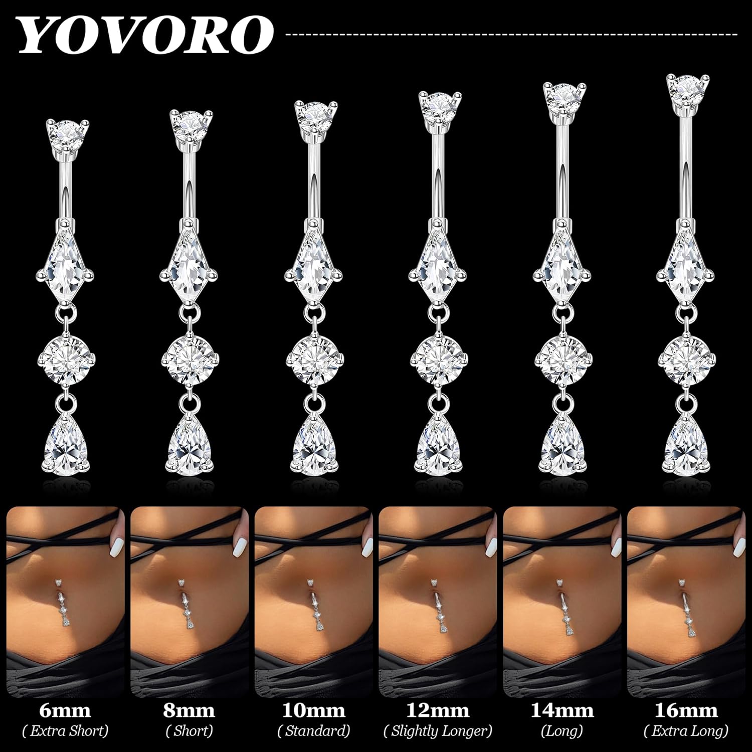 14G Surgical Steel Dangle Belly Button Ring for Women Teardrop Dangling Navel Ring Hypoallergenic Barbell CZ Belly Piercing Jewelry 6 - 16MM - 我的商店我的商店我的商店