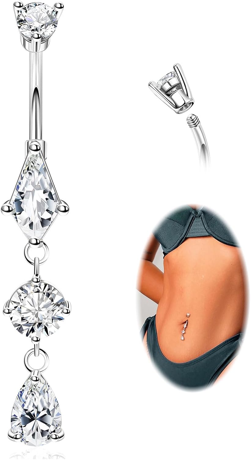 14G Surgical Steel Dangle Belly Button Ring for Women Teardrop Dangling Navel Ring Hypoallergenic Barbell CZ Belly Piercing Jewelry 6 - 16MM - 我的商店我的商店我的商店