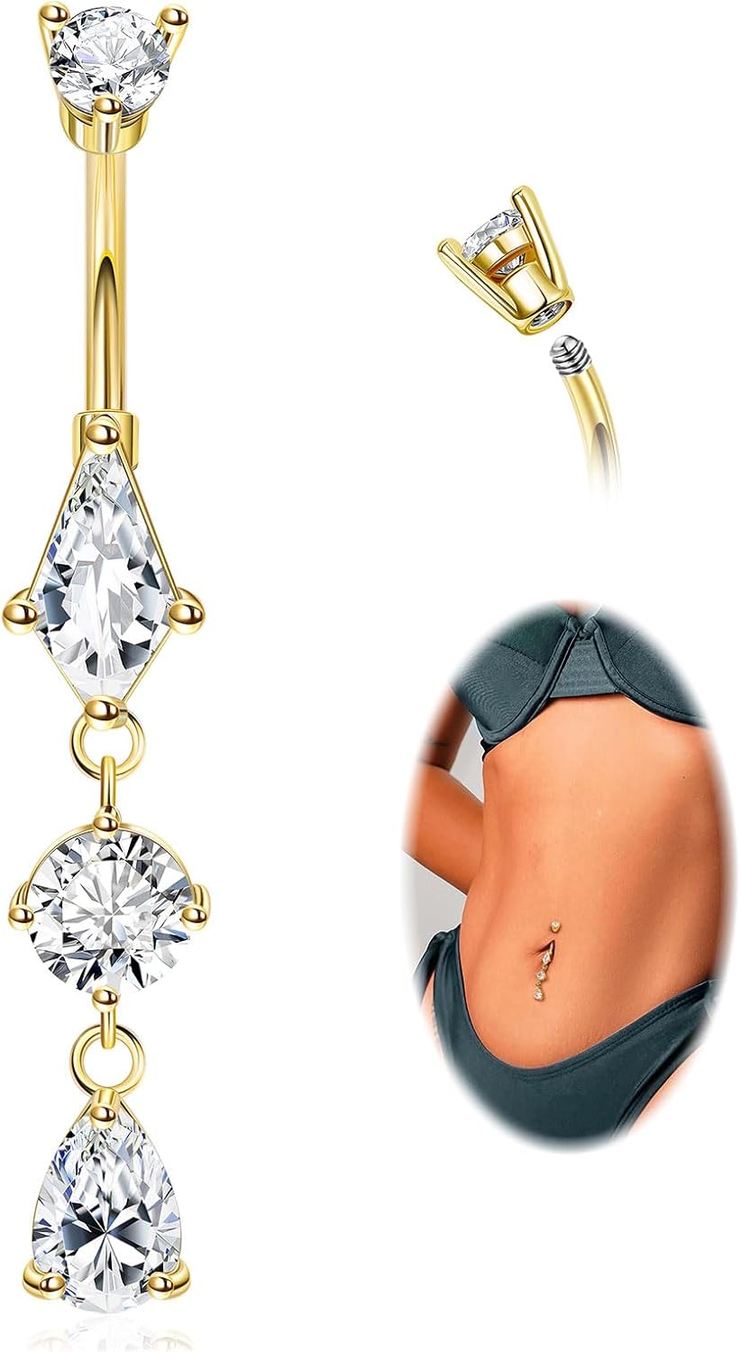 14G Surgical Steel Dangle Belly Button Ring for Women Teardrop Dangling Navel Ring Hypoallergenic Barbell CZ Belly Piercing Jewelry 6 - 16MM - 我的商店我的商店我的商店