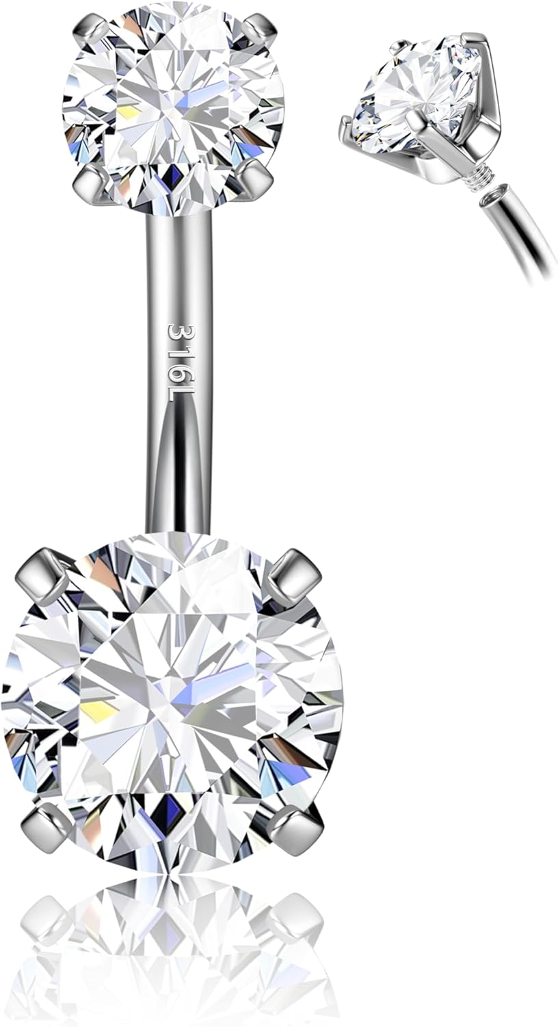 14G Surgical Steel G23 Titanium Sterling Silver 14K Gold Plated Belly Button Rings for Women Round Cubic Zirconia Navel Barbell Stud Hypoallergenic Body Piercing Jewelry - 我的商店我的商店我的商店