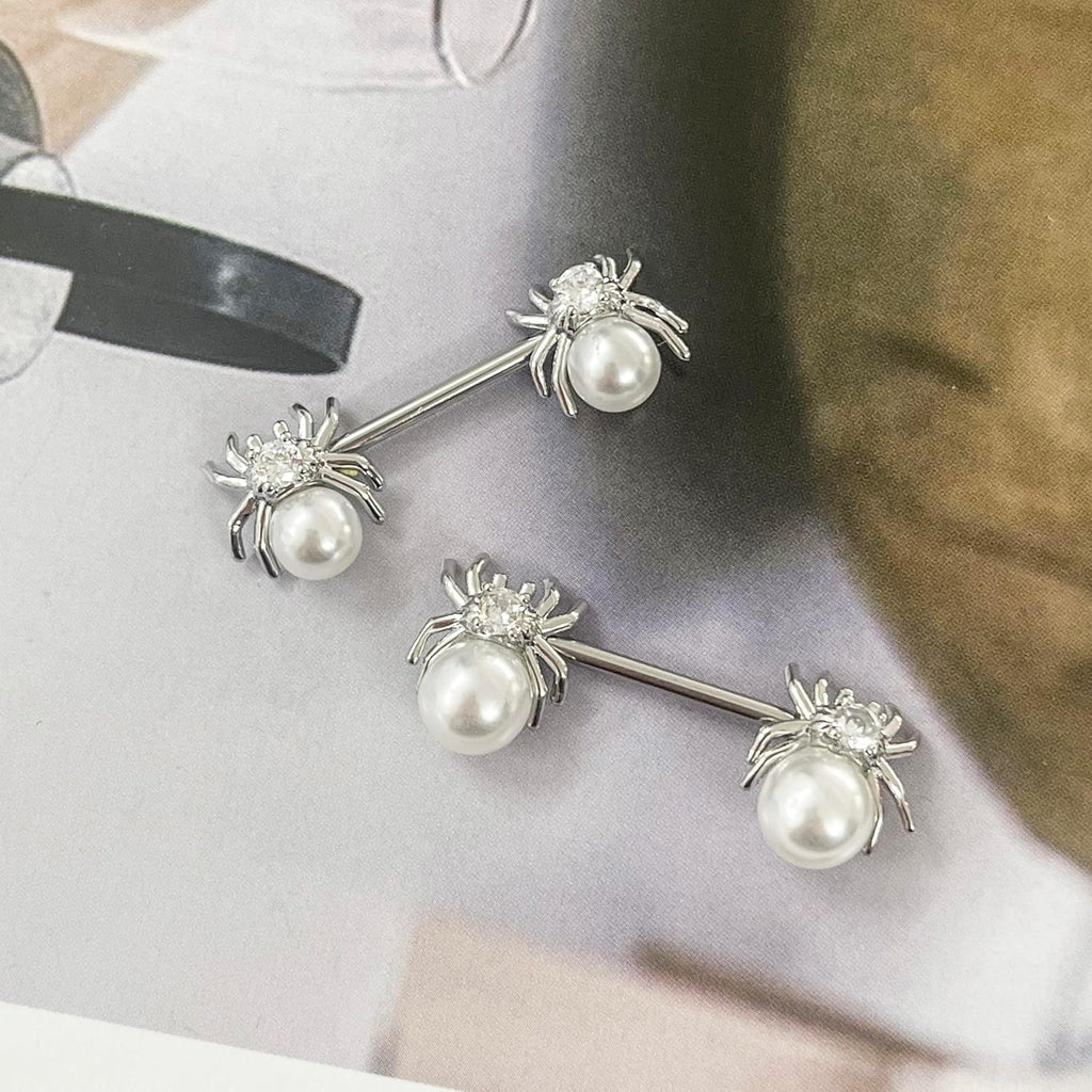 14G White Spider Nipple Rings for Women Surgical Stainless Steel Pearl CZ Spiders Nipplerings Nipple Shield Studs Barbells Halloween Body Piercing Jewelry - QIAO CrystalQIAO CrystalQIAO Crystal