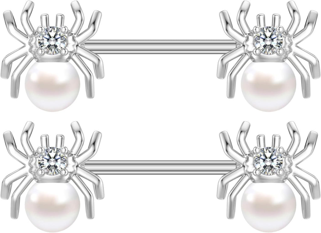 14G White Spider Nipple Rings for Women Surgical Stainless Steel Pearl CZ Spiders Nipplerings Nipple Shield Studs Barbells Halloween Body Piercing Jewelry - QIAO CrystalQIAO CrystalQIAO Crystal