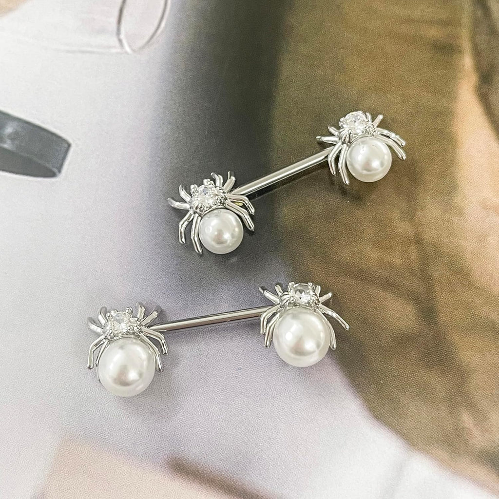 14G White Spider Nipple Rings for Women Surgical Stainless Steel Pearl CZ Spiders Nipplerings Nipple Shield Studs Barbells Halloween Body Piercing Jewelry - QIAO CrystalQIAO CrystalQIAO Crystal