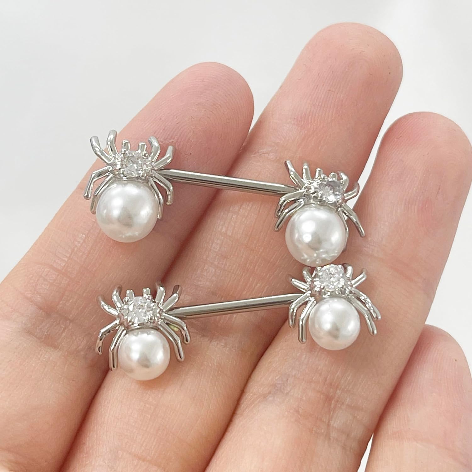 14G White Spider Nipple Rings for Women Surgical Stainless Steel Pearl CZ Spiders Nipplerings Nipple Shield Studs Barbells Halloween Body Piercing Jewelry - QIAO CrystalQIAO CrystalQIAO Crystal
