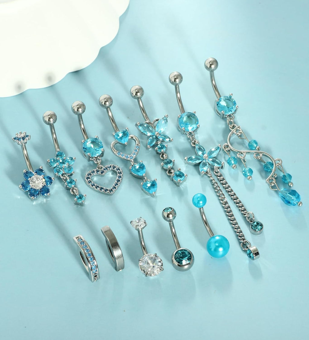 14G Women Belly Button Rings Surgical Stainless Steel Dangle Belly Rings 10mm Belly Bar Body Piercing Navel Jewelry Butterfly Heart Flower Dangling Silver Gold Belly Piercings 11pcs - 我的商店我的商店我的商店