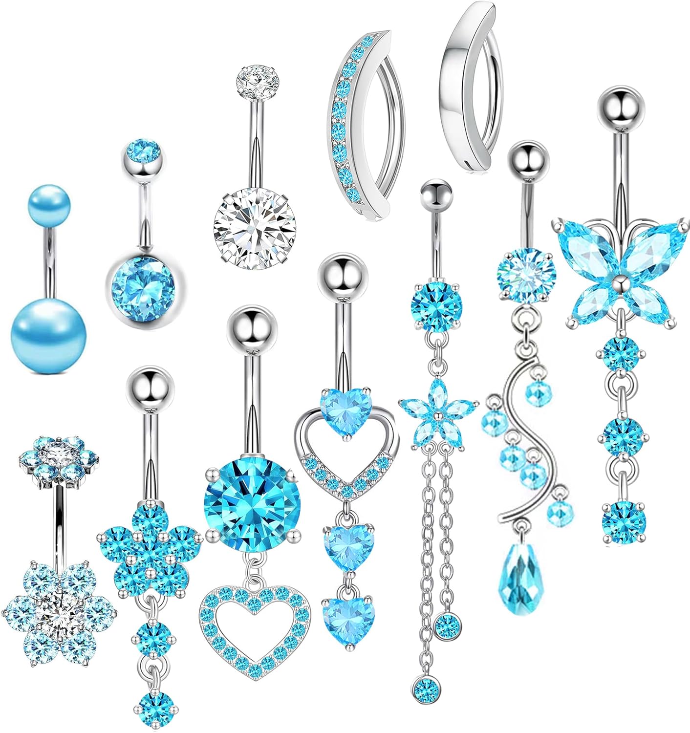 14G Women Belly Button Rings Surgical Stainless Steel Dangle Belly Rings 10mm Belly Bar Body Piercing Navel Jewelry Butterfly Heart Flower Dangling Silver Gold Belly Piercings 11pcs - 我的商店我的商店我的商店