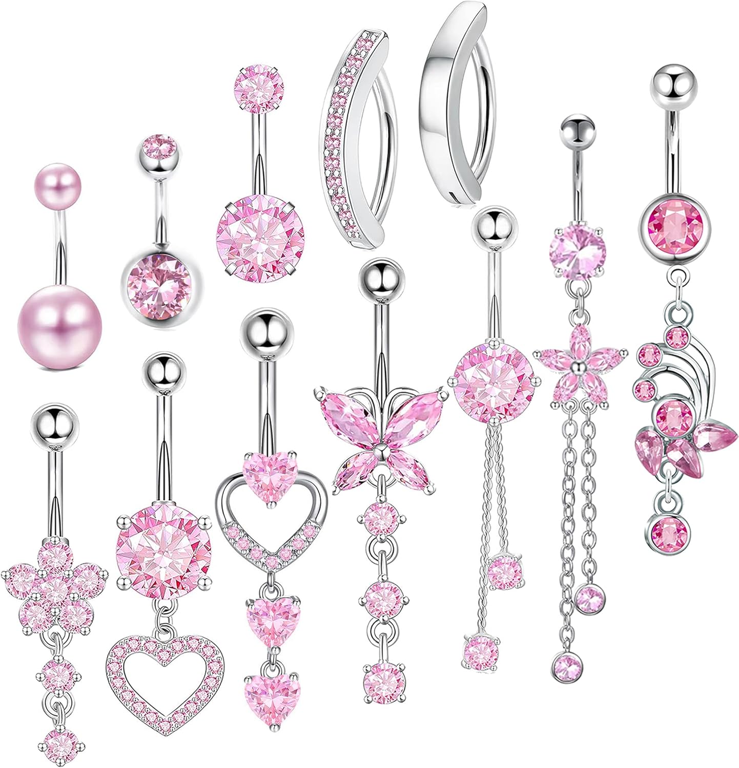 14G Women Belly Button Rings Surgical Stainless Steel Dangle Belly Rings 10mm Belly Bar Body Piercing Navel Jewelry Butterfly Heart Flower Dangling Silver Gold Belly Piercings 11pcs - 我的商店我的商店我的商店