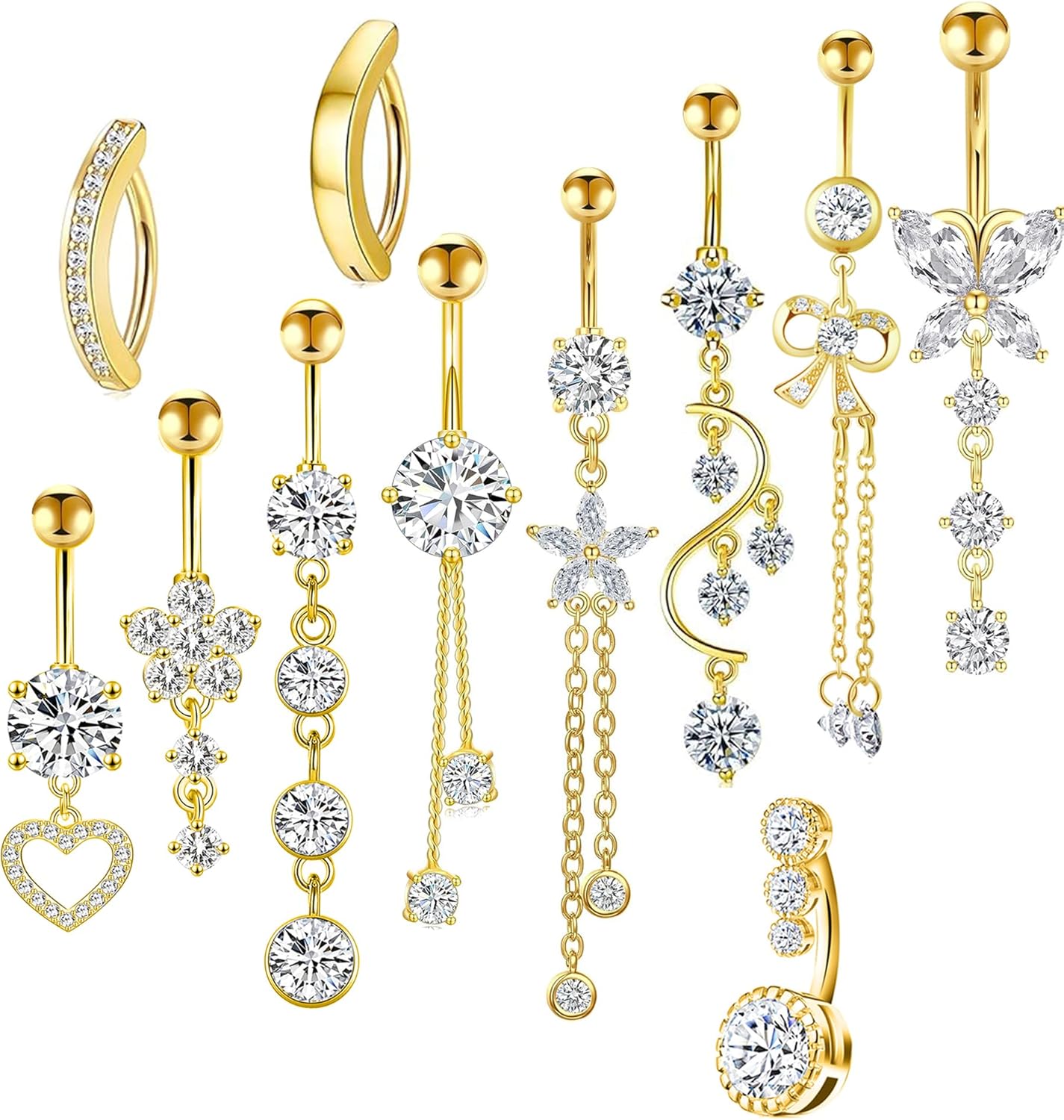 14G Women Belly Button Rings Surgical Stainless Steel Dangle Belly Rings 10mm Belly Bar Body Piercing Navel Jewelry Butterfly Heart Flower Dangling Silver Gold Belly Piercings 11pcs - 我的商店我的商店我的商店