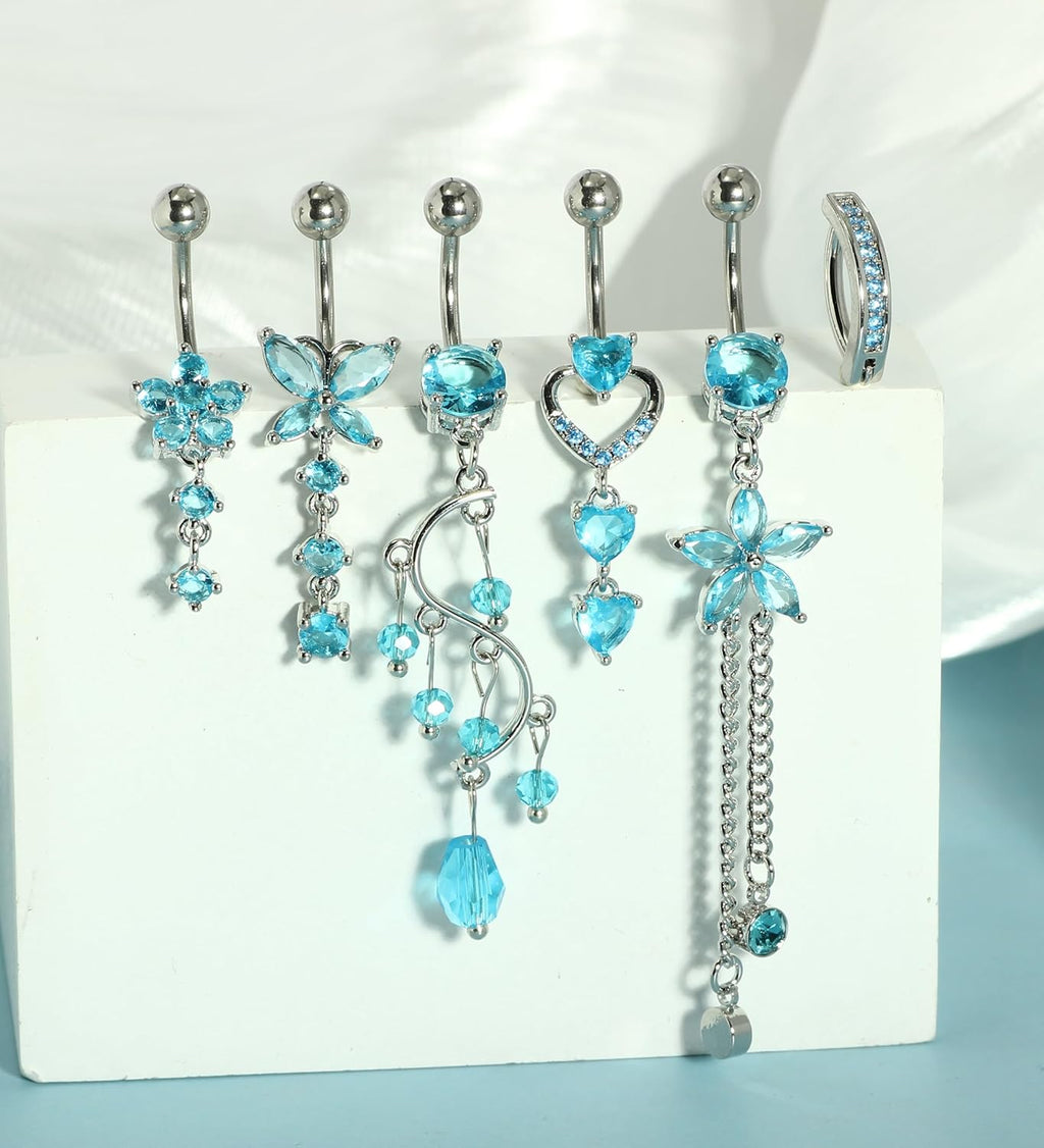 14G Women Belly Button Rings Surgical Stainless Steel Dangle Belly Rings 10mm Belly Bar Body Piercing Navel Jewelry Butterfly Heart Flower Dangling Silver Gold Belly Piercings 11pcs - 我的商店我的商店我的商店