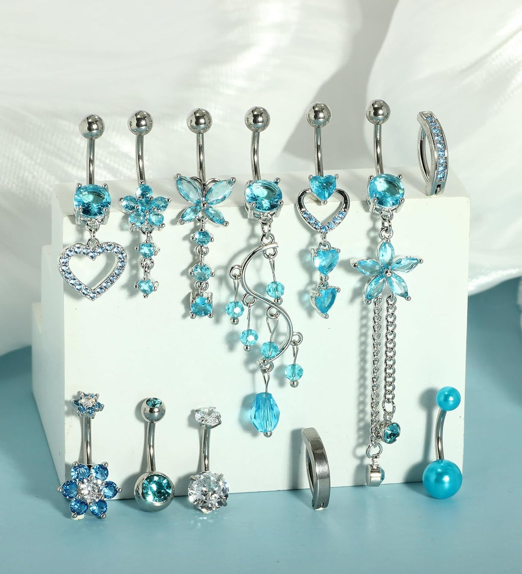 14G Women Belly Button Rings Surgical Stainless Steel Dangle Belly Rings 10mm Belly Bar Body Piercing Navel Jewelry Butterfly Heart Flower Dangling Silver Gold Belly Piercings 11pcs - 我的商店我的商店我的商店