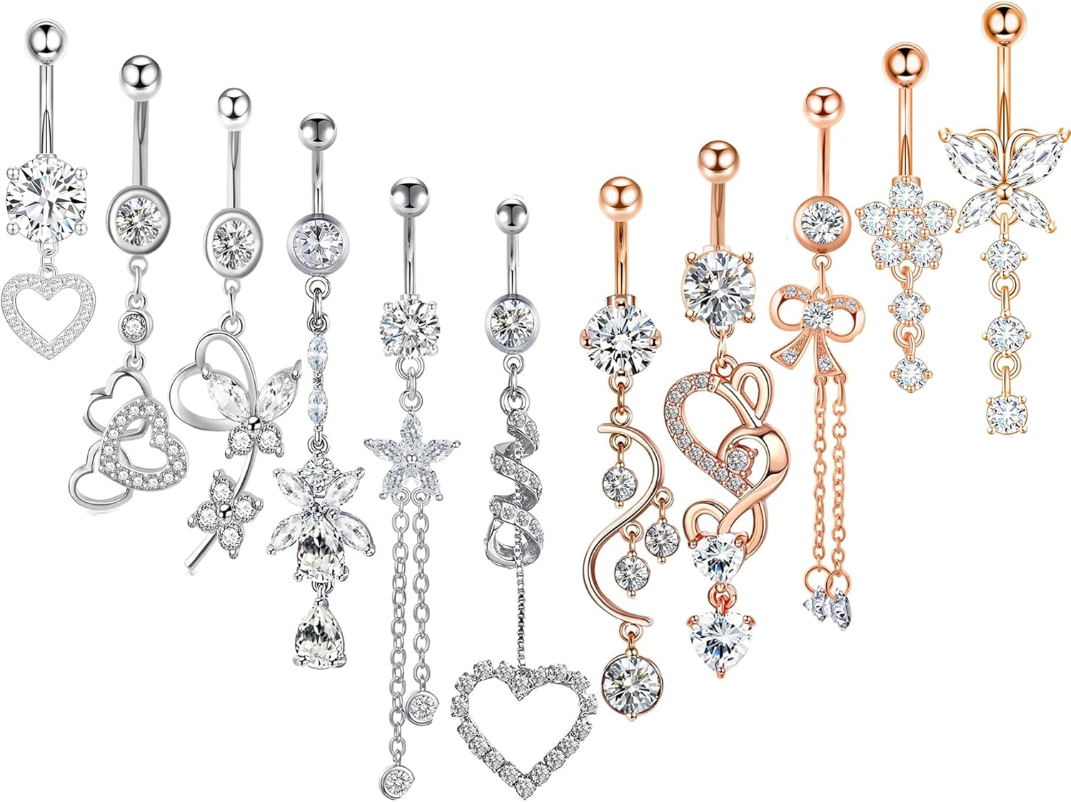14G Women Belly Button Rings Surgical Stainless Steel Dangle Belly Rings 10mm Belly Bar Body Piercing Navel Jewelry Butterfly Heart Flower Dangling Silver Gold Belly Piercings 11pcs - 我的商店我的商店我的商店