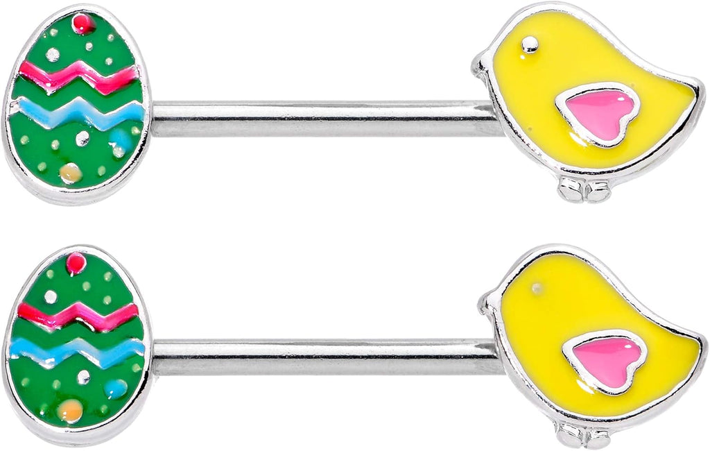 14G Womens Nipplerings Piercing 2Pc Clear Accent Spring Egg Chick Steel Nipple Ring Set 5/8" - QIAO CrystalQIAO CrystalQIAO Crystal